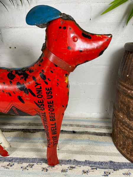 Hand Made Reclaimed Recycled Metal Oil Drum Paint Tin Dog Sculpture Garden