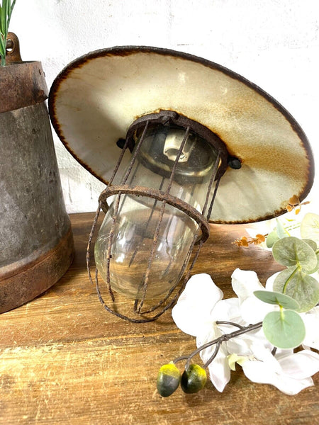 Vintage Reclaimed Industrial Enamel Caged Ceiling Exterior Light Revo