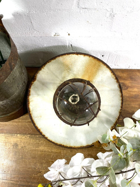 Vintage Reclaimed Industrial Enamel Caged Ceiling Exterior Light Revo