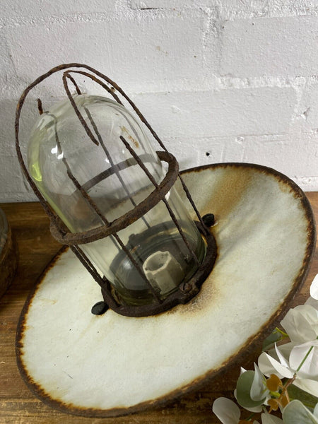 Vintage Reclaimed Industrial Enamel Caged Ceiling Exterior Light Revo