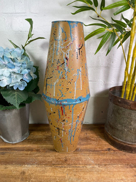 Large Vintage Hungarian Retro Mid Century Hand Painted Metal Vase