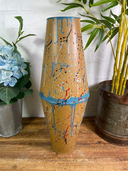 Large Vintage Hungarian Retro Mid Century Hand Painted Metal Vase