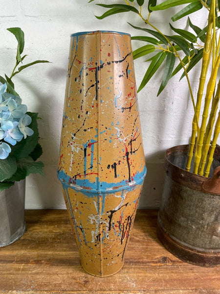 Large Vintage Hungarian Retro Mid Century Hand Painted Metal Vase