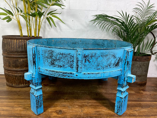 Vintage Blue Rustic Wooden Indian Chakki Grinder Low Coffee Table Plant Stand