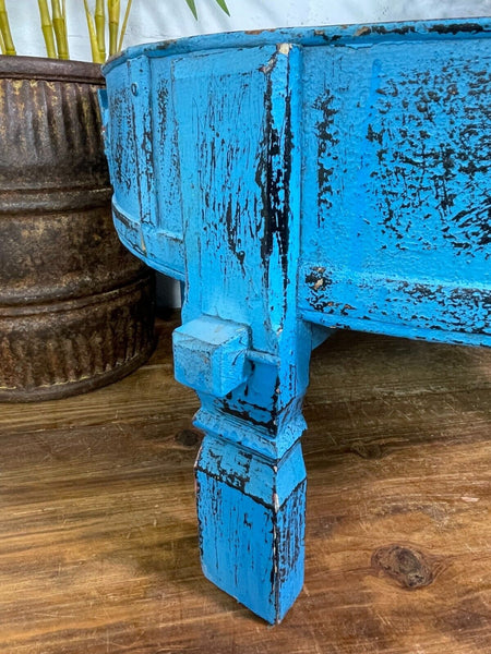 Vintage Blue Rustic Wooden Indian Chakki Grinder Low Coffee Table Plant Stand