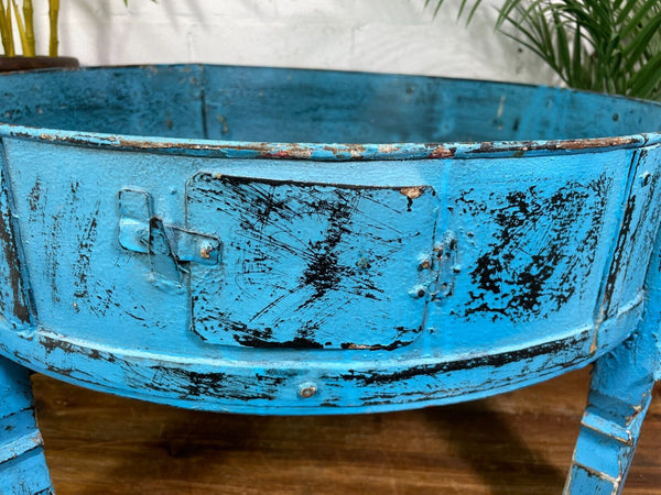 Vintage Blue Rustic Wooden Indian Chakki Grinder Low Coffee Table Plant Stand
