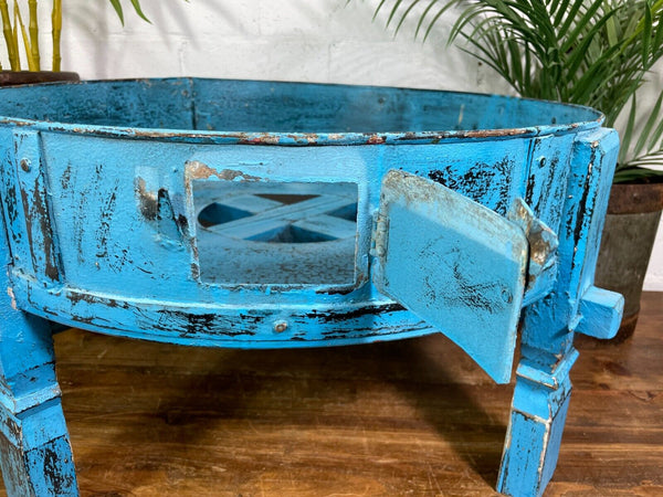 Vintage Blue Rustic Wooden Indian Chakki Grinder Low Coffee Table Plant Stand