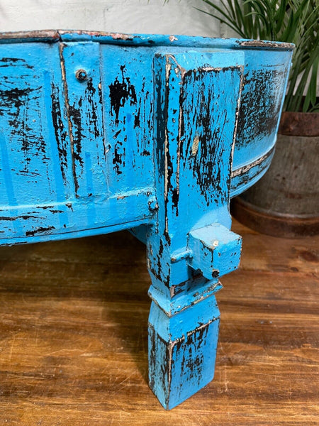 Vintage Blue Rustic Wooden Indian Chakki Grinder Low Coffee Table Plant Stand