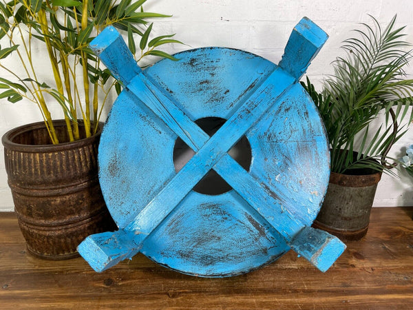 Vintage Blue Rustic Wooden Indian Chakki Grinder Low Coffee Table Plant Stand
