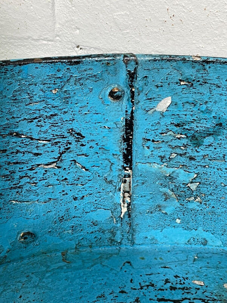 Vintage Blue Rustic Wooden Indian Chakki Grinder Low Coffee Table Plant Stand
