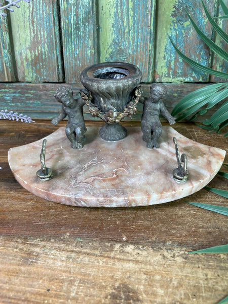 Antique French Pewter And Marble Cherub Ink Well