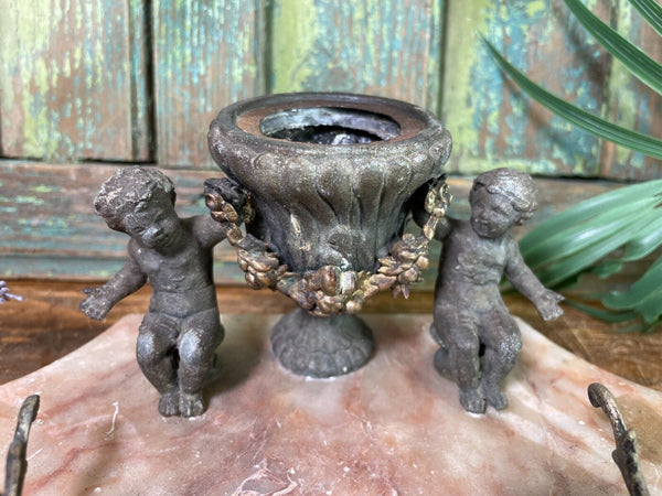 Antique French Pewter And Marble Cherub Ink Well