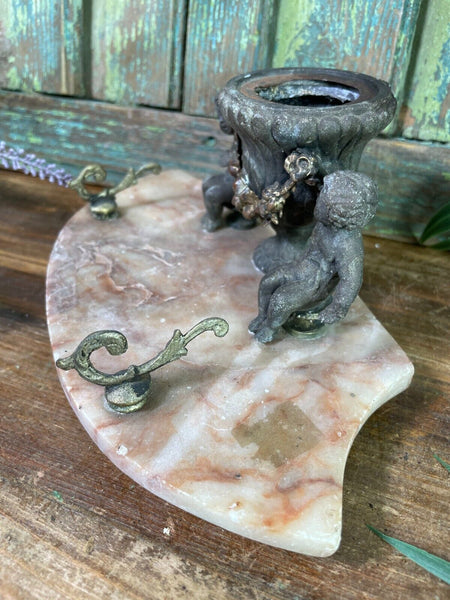 Antique French Pewter And Marble Cherub Ink Well