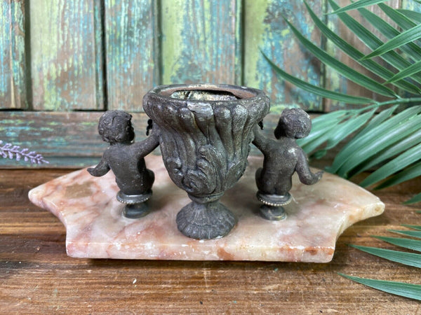 Antique French Pewter And Marble Cherub Ink Well