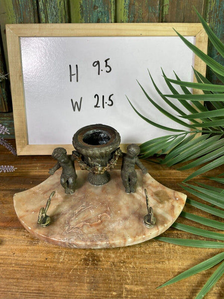 Antique French Pewter And Marble Cherub Ink Well