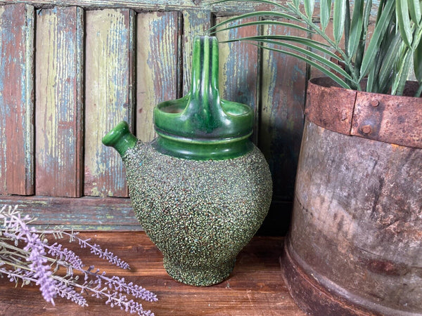 Vintage Antique French Glazed Green Terracotta Confit Oil Pot Urn