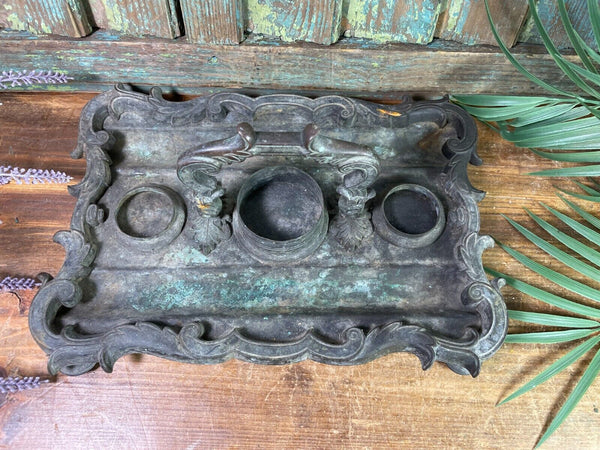 Antique French Rococo Heavy Bronze Ink Well