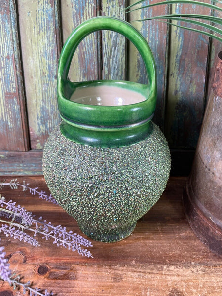 Vintage Antique French Glazed Green Terracotta Confit Oil Pot Urn