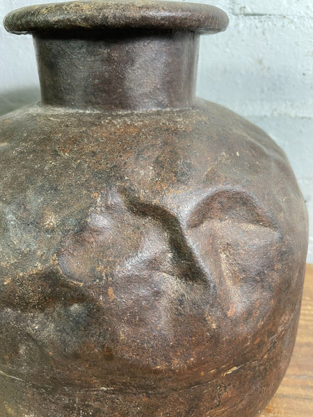Vintage Authentic Indian Rustic Riveted Heavy Iron Water Pot Vase Planter Pot