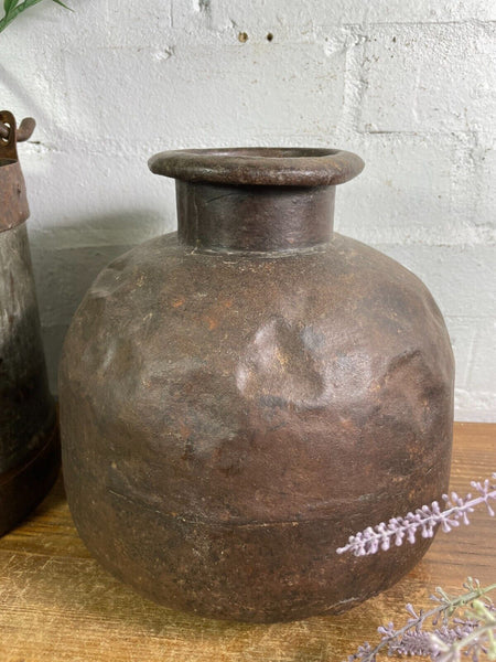 Vintage Authentic Indian Rustic Riveted Heavy Iron Water Pot Vase Planter Pot