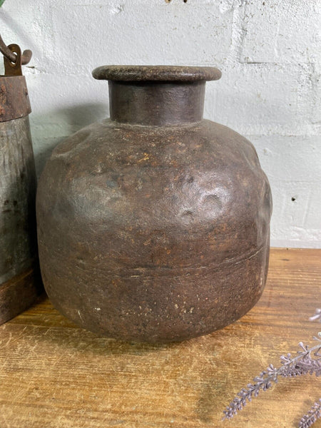 Vintage Authentic Indian Rustic Riveted Heavy Iron Water Pot Vase Planter Pot
