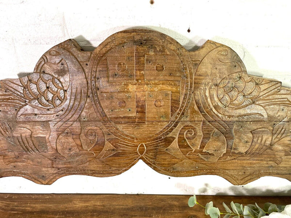 Vintage Antique Indian Hand Carved Solid Wood Floral Sign Plaque Bed Head Board