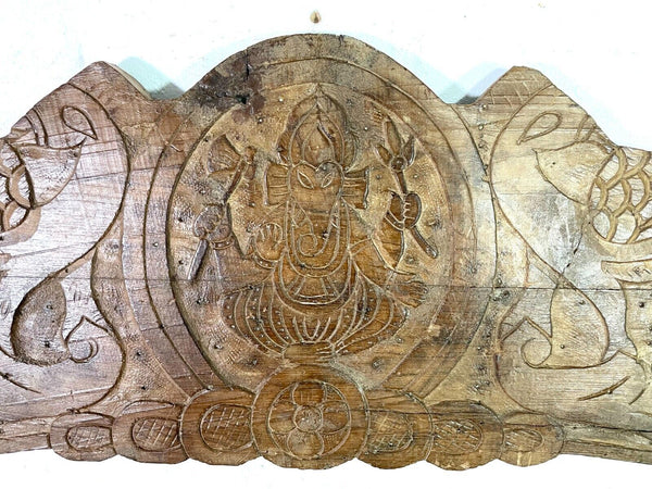 Vintage Antique Indian Hand Carved Solid Wood Floral Sign Plaque Bed Head Board