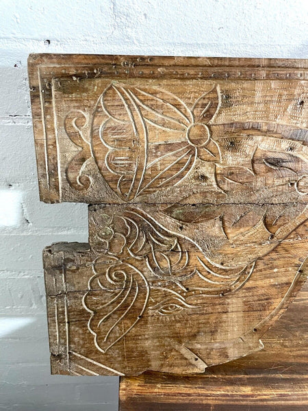Vintage Antique Indian Hand Carved Solid Wood Floral Sign Plaque Bed Head Board