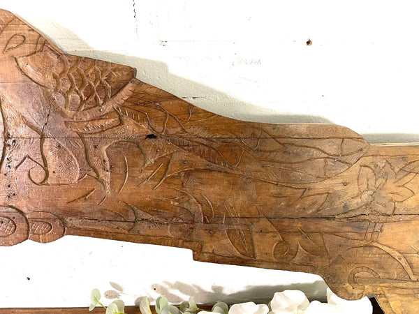 Vintage Antique Indian Hand Carved Solid Wood Floral Sign Plaque Bed Head Board