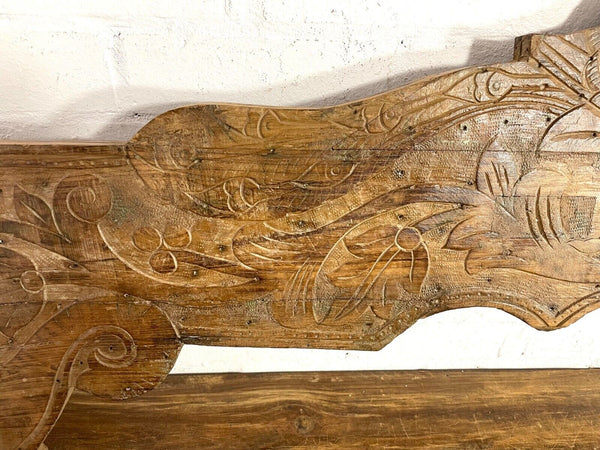 Vintage Antique Indian Hand Carved Solid Wood Floral Sign Plaque Bed Head Board
