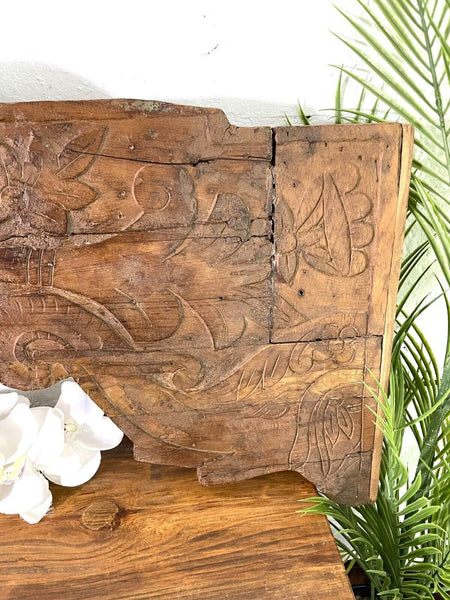Vintage Antique Indian Hand Carved Solid Wood Floral Sign Plaque Bed Head Board