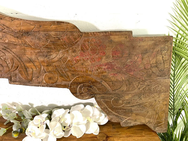 Vintage Antique Indian Hand Carved Solid Wood Floral Sign Plaque Bed Head Board