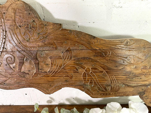 Vintage Antique Indian Hand Carved Solid Wood Floral Sign Plaque Bed Head Board