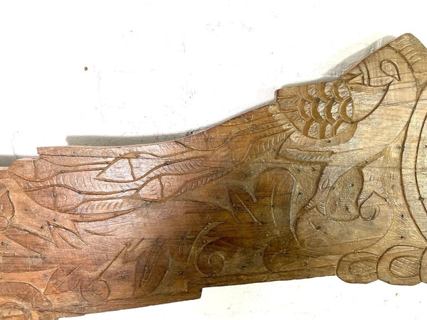 Vintage Antique Indian Hand Carved Solid Wood Floral Sign Plaque Bed Head Board