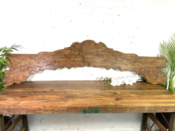 Vintage Antique Indian Hand Carved Solid Wood Floral Sign Plaque Bed Head Board