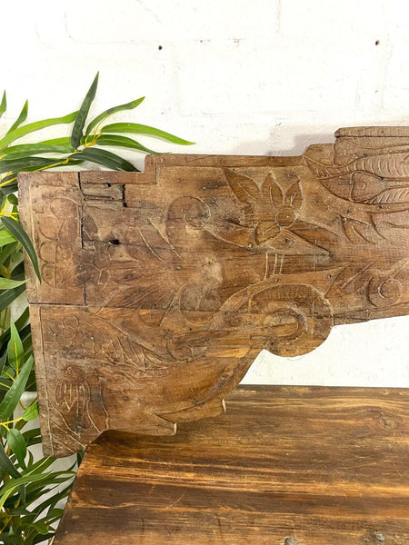 Vintage Antique Indian Hand Carved Solid Wood Floral Sign Plaque Bed Head Board