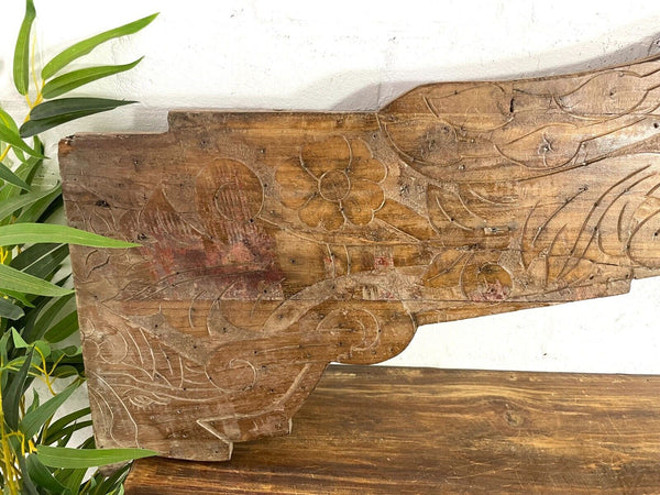 Vintage Antique Indian Hand Carved Solid Wood Floral Sign Plaque Bed Head Board