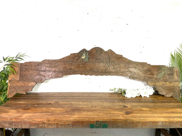 Vintage Antique Indian Hand Carved Solid Wood Floral Sign Plaque Bed Head Board