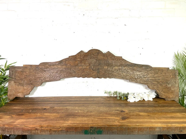 Vintage Antique Indian Hand Carved Solid Wood Floral Sign Plaque Bed Head Board