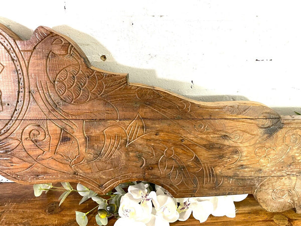 Vintage Antique Indian Hand Carved Solid Wood Floral Sign Plaque Bed Head Board