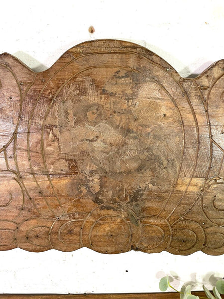 Vintage Antique Indian Hand Carved Solid Wood Floral Sign Plaque Bed Head Board