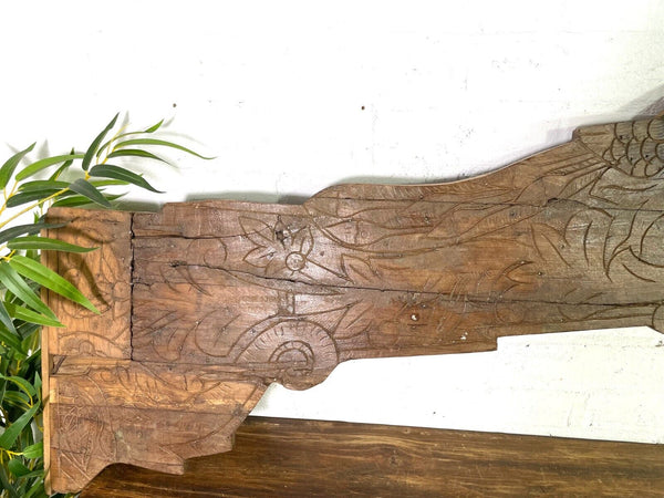 Vintage Antique Indian Hand Carved Solid Wood Floral Sign Plaque Bed Head Board