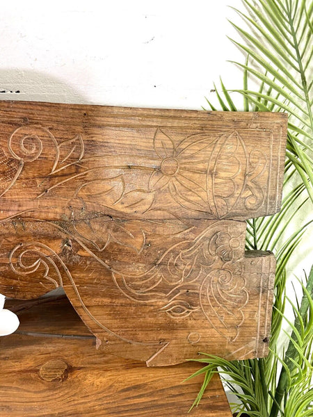 Vintage Antique Indian Hand Carved Solid Wood Floral Sign Plaque Bed Head Board