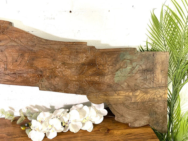 Vintage Antique Indian Hand Carved Solid Wood Floral Sign Plaque Bed Head Board