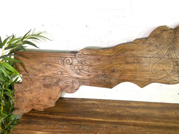 Vintage Antique Indian Hand Carved Solid Wood Floral Sign Plaque Bed Head Board