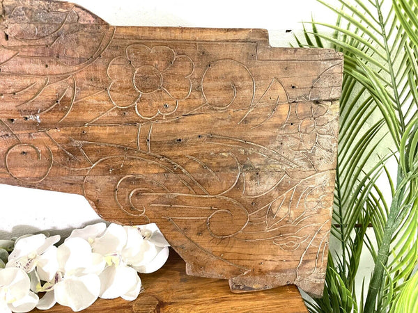 Vintage Antique Indian Hand Carved Solid Wood Floral Sign Plaque Bed Head Board
