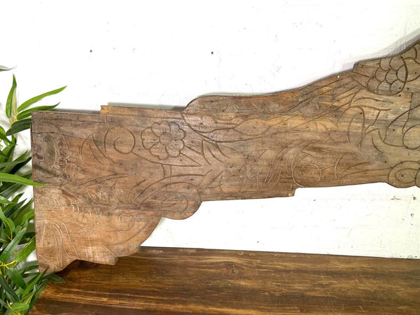 Vintage Antique Indian Hand Carved Solid Wood Floral Sign Plaque Bed Head Board