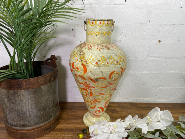 Vintage Indian Hand Painted Metal Urn Dry Flower Vase
