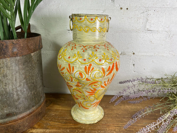 Vintage Indian Hand Painted Metal Urn Dry Flower Vase