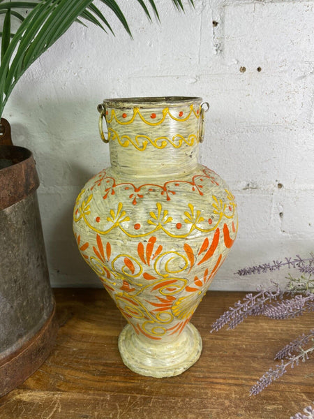 Vintage Indian Hand Painted Metal Urn Dry Flower Vase